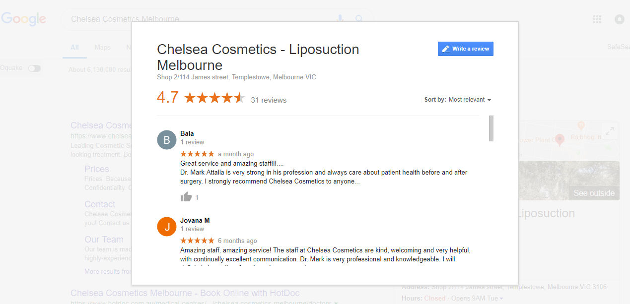 Chelsea Cosmetics Melbourne has gained a good number of positive reviews on their Google My Business Listing