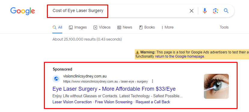 Google Ads Cost of Eye Laser Surgery