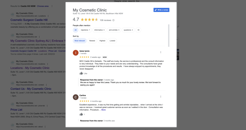 My Cosmetic Clinic Google My Business Listing Castle Hill