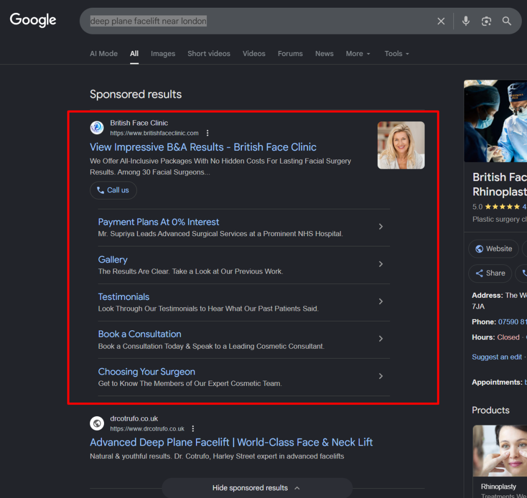 Results PPC Performance Google Search Ads Ranking Result Deep Plane Facelift near London for British Face Clinic by OMD