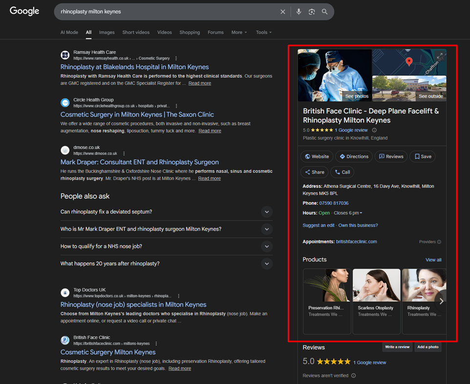 British Face Clinic Recommended on Google Search as Google Business Online Marketing for Plastic Surgery Clinics July