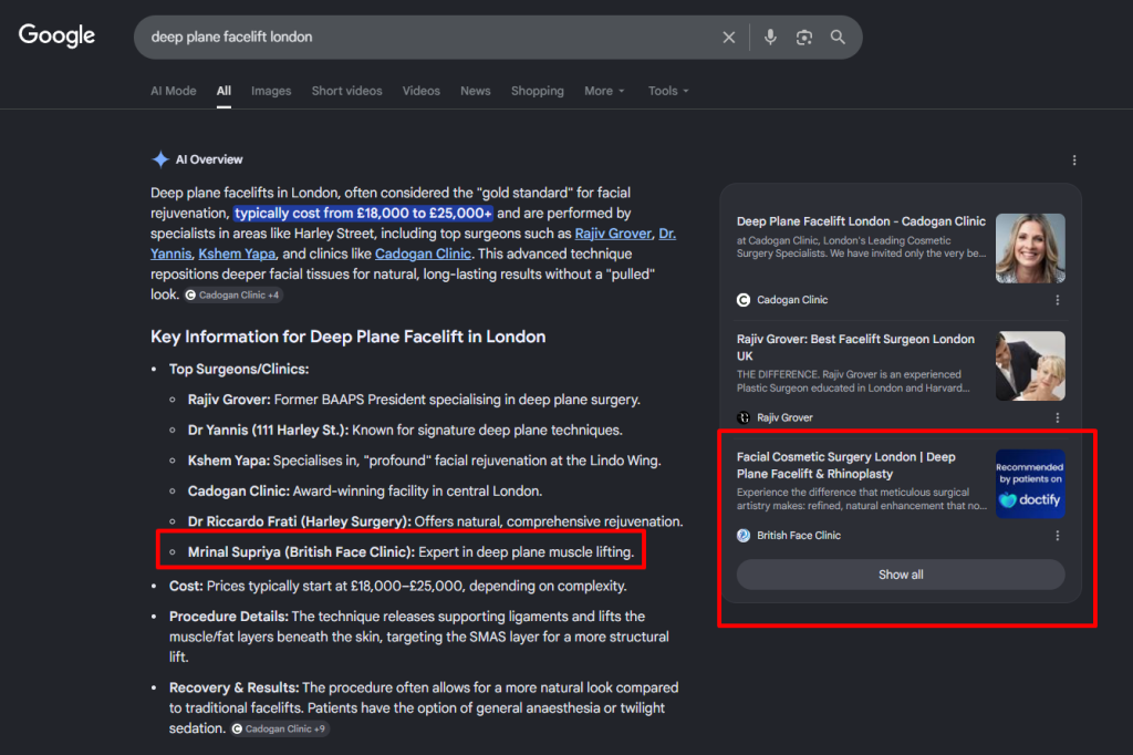 Google AI Overview & Maps Ranking Result Deep Plane Facelift London for British Face Clinic by OMD