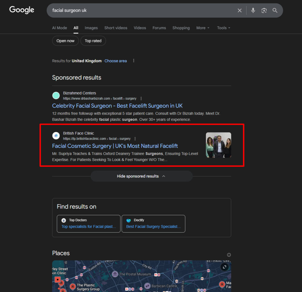 Results PPC Performance Google Maps Ads Ranking Result Facial Surgeon UK for British Face Clinic by