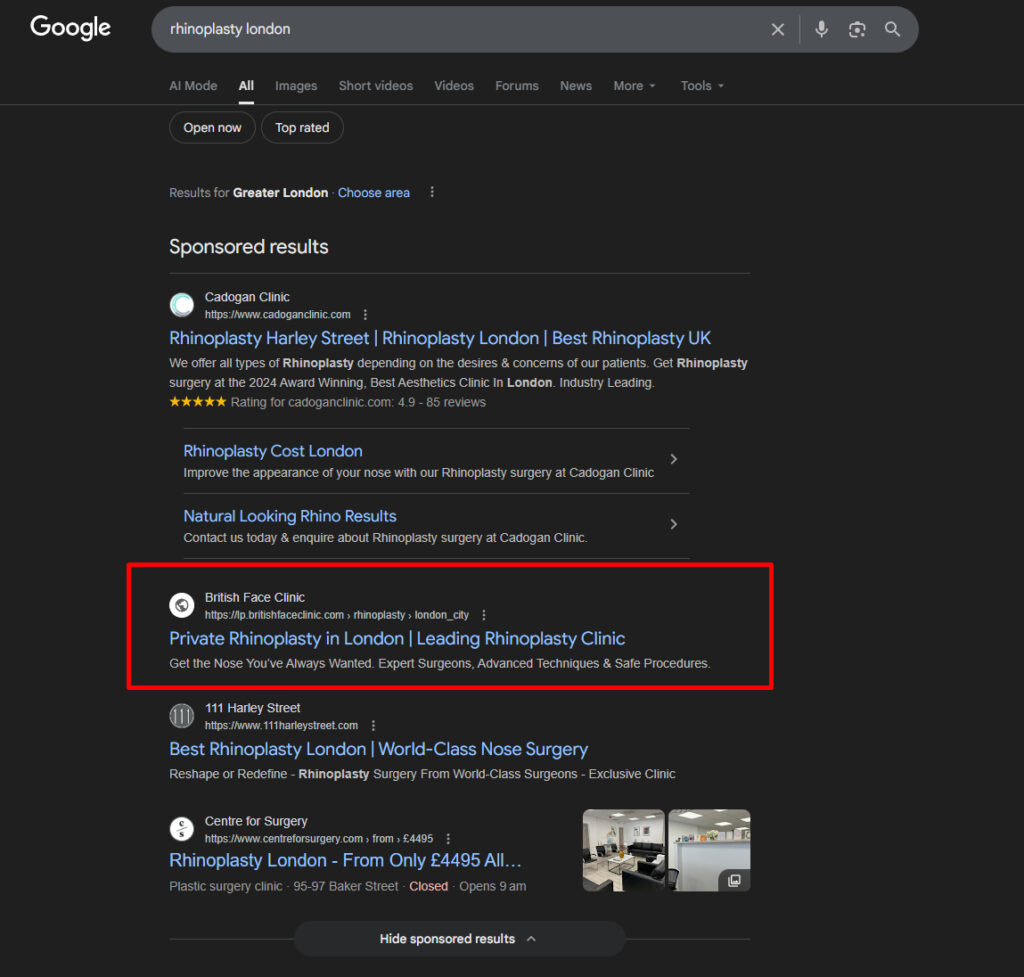Results PPC Performance Google Maps Ads Ranking Result Rhinoplasty London for British Face Clinic by