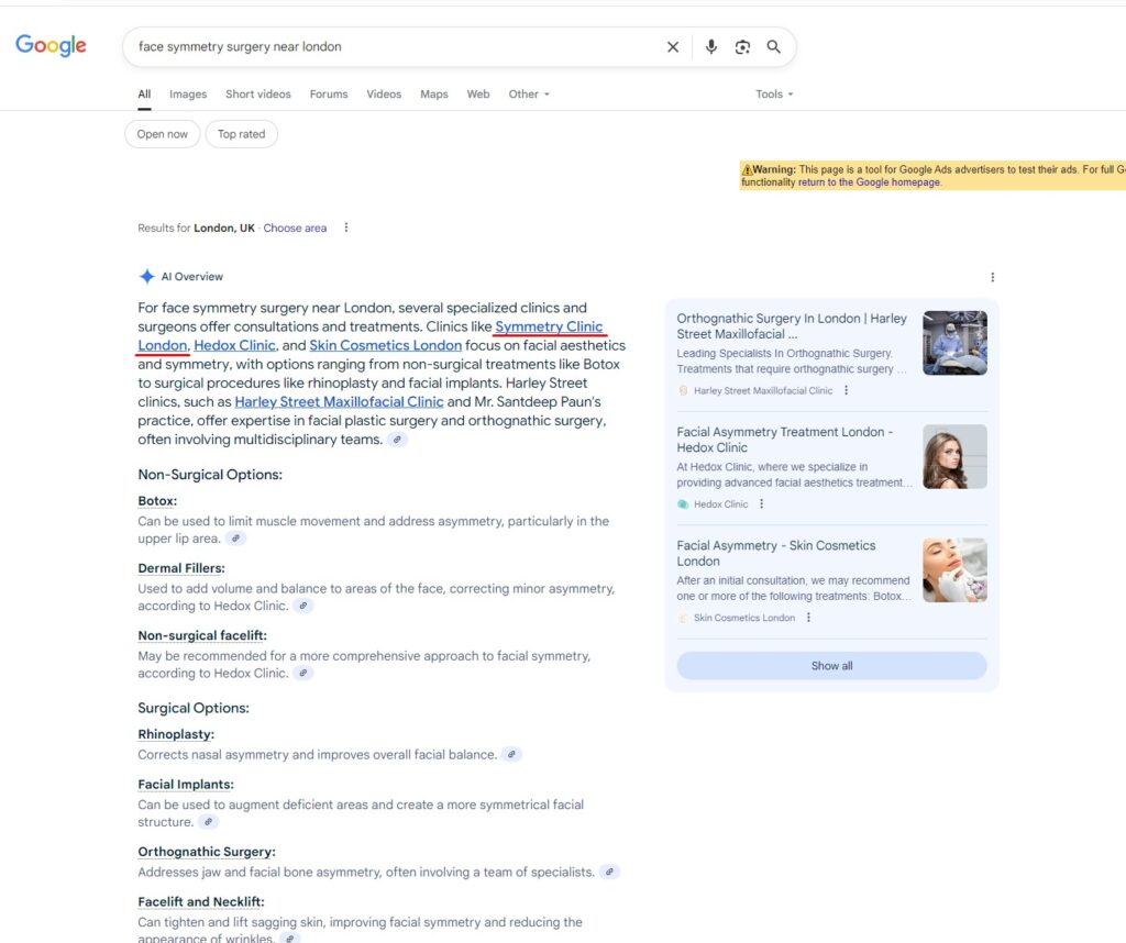 Results SEO Performance AI Keyword Ranking Result Face Symmetry Surgery near London for Symmetry Clinic by OMD