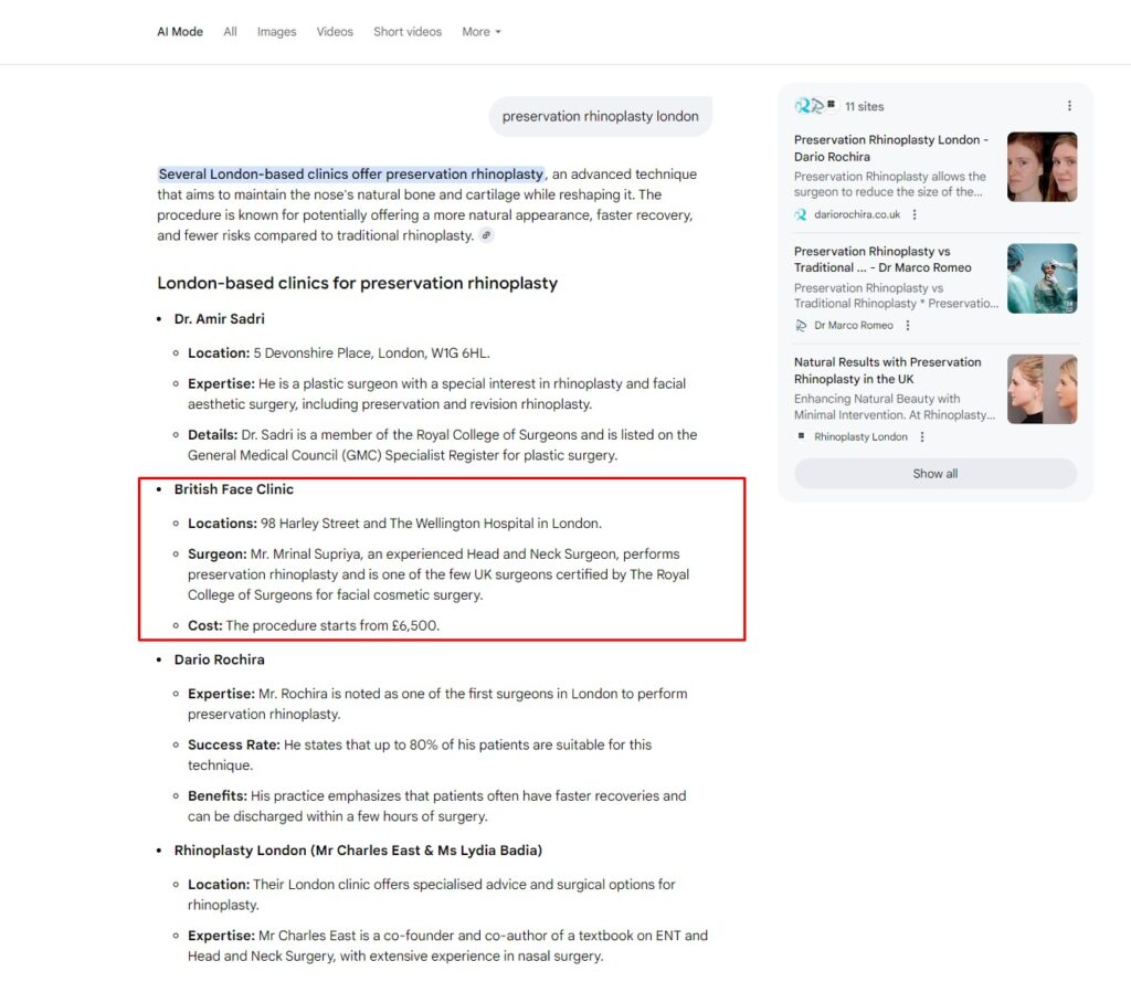 Results SEO Performance AI Keyword Ranking Result Preservation Rhinoplasty London for British Face Clinic by OMD