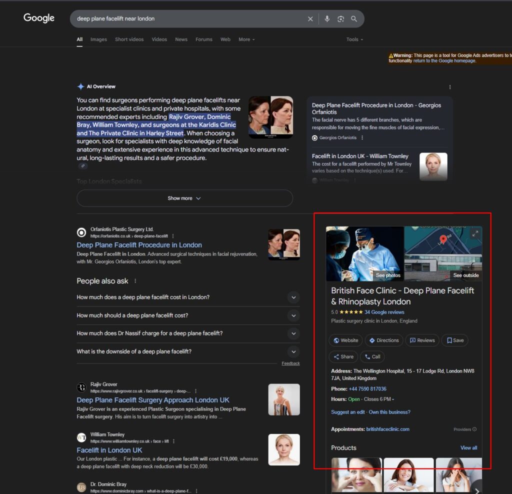 Results SEO Performance Google Business Profile Result Deep Plane Facelift Near London for British Face Clinic UK by OMD