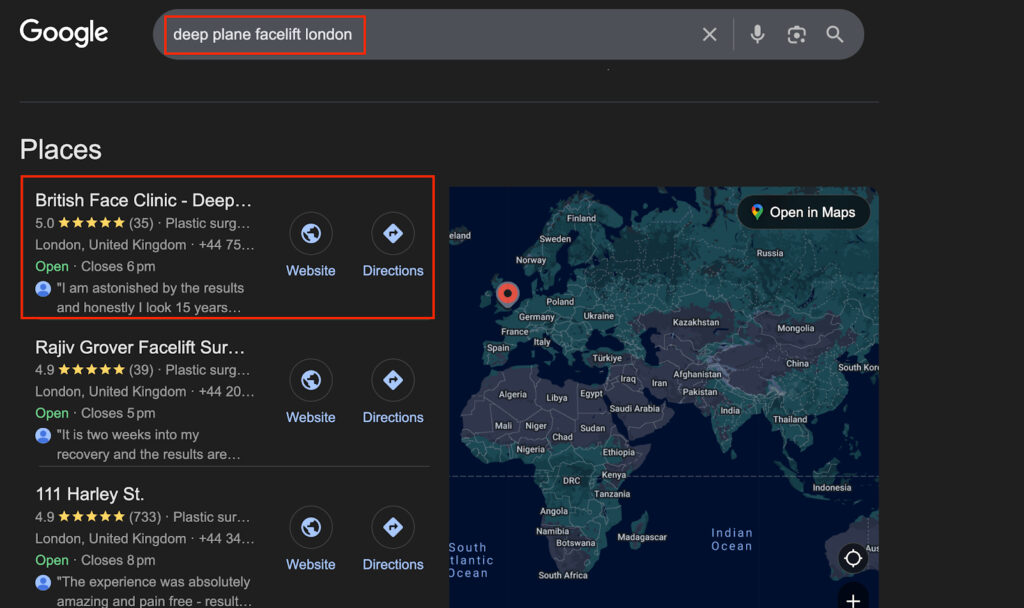 Results SEO Performance Google Maps Ranking Result Deep Plane Facelift London for British Face Clini
