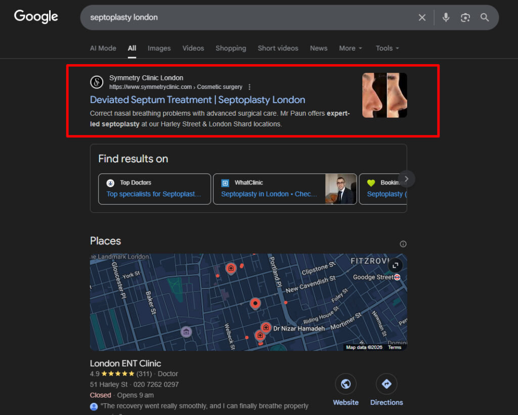 Results SEO Performance Keyword Ranking Result Septoplasty London for Symmetry Clinic by OMD